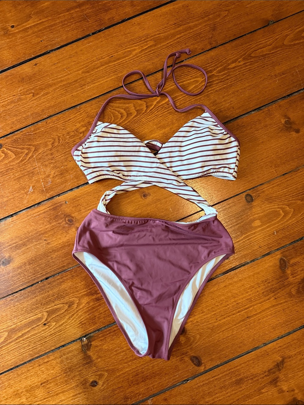 PINK Victoria's Secret Mauve and White Striped Wrap One-Piece Swimsuit